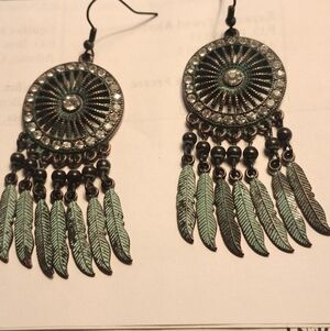 Artisan Green Feather Dangle Earrings Rustic Looking More Turquoise Looking